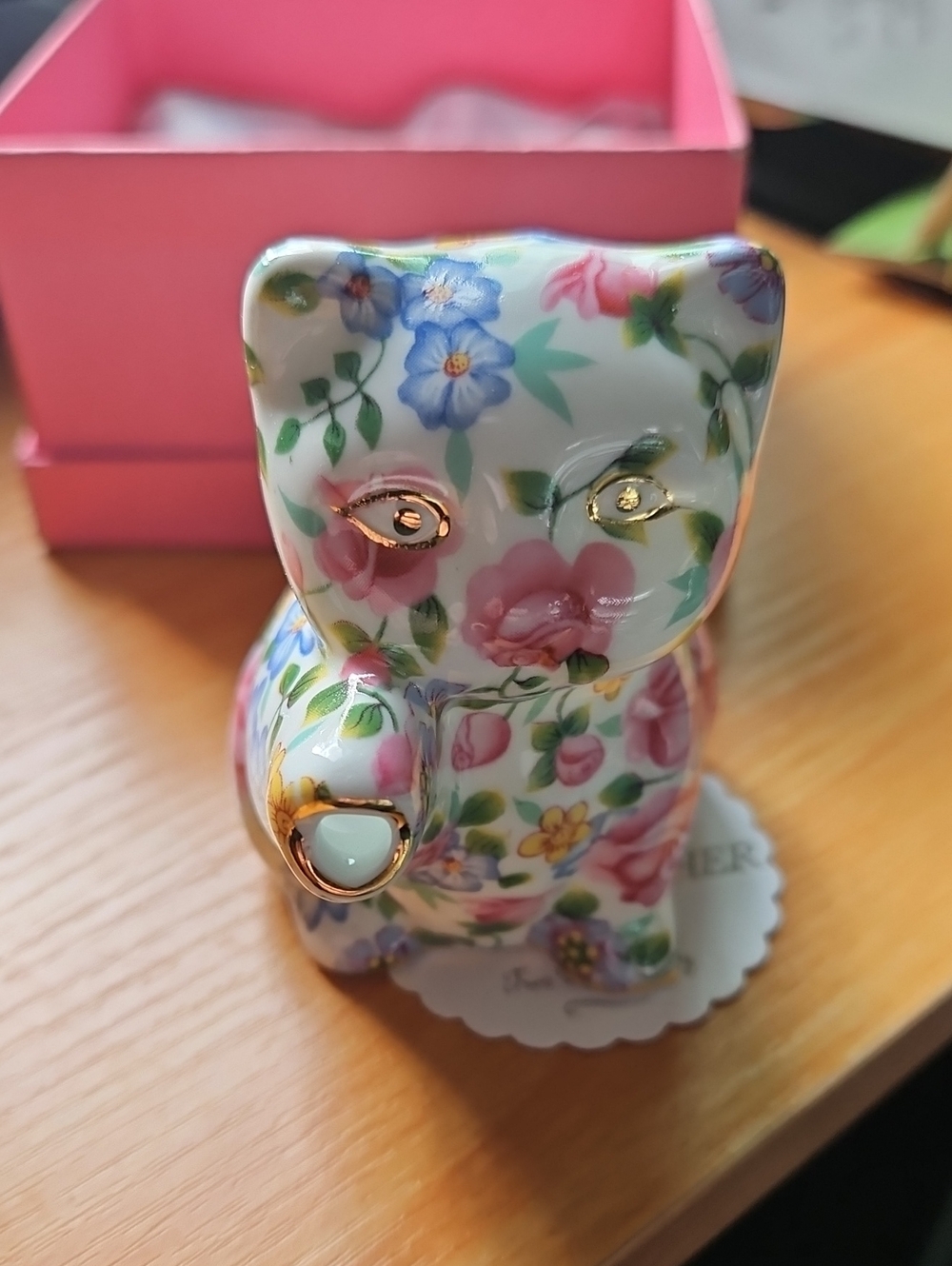 Two's Company Floral Ceramic Cat Figurine in Pink, Blue & Gold